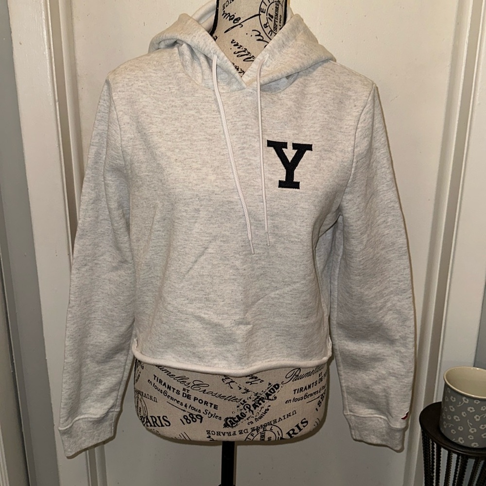 Yale Gray lg sleeve crop hoodie. Y on upper chest. Length 20”, armpit 20”NWT Sml